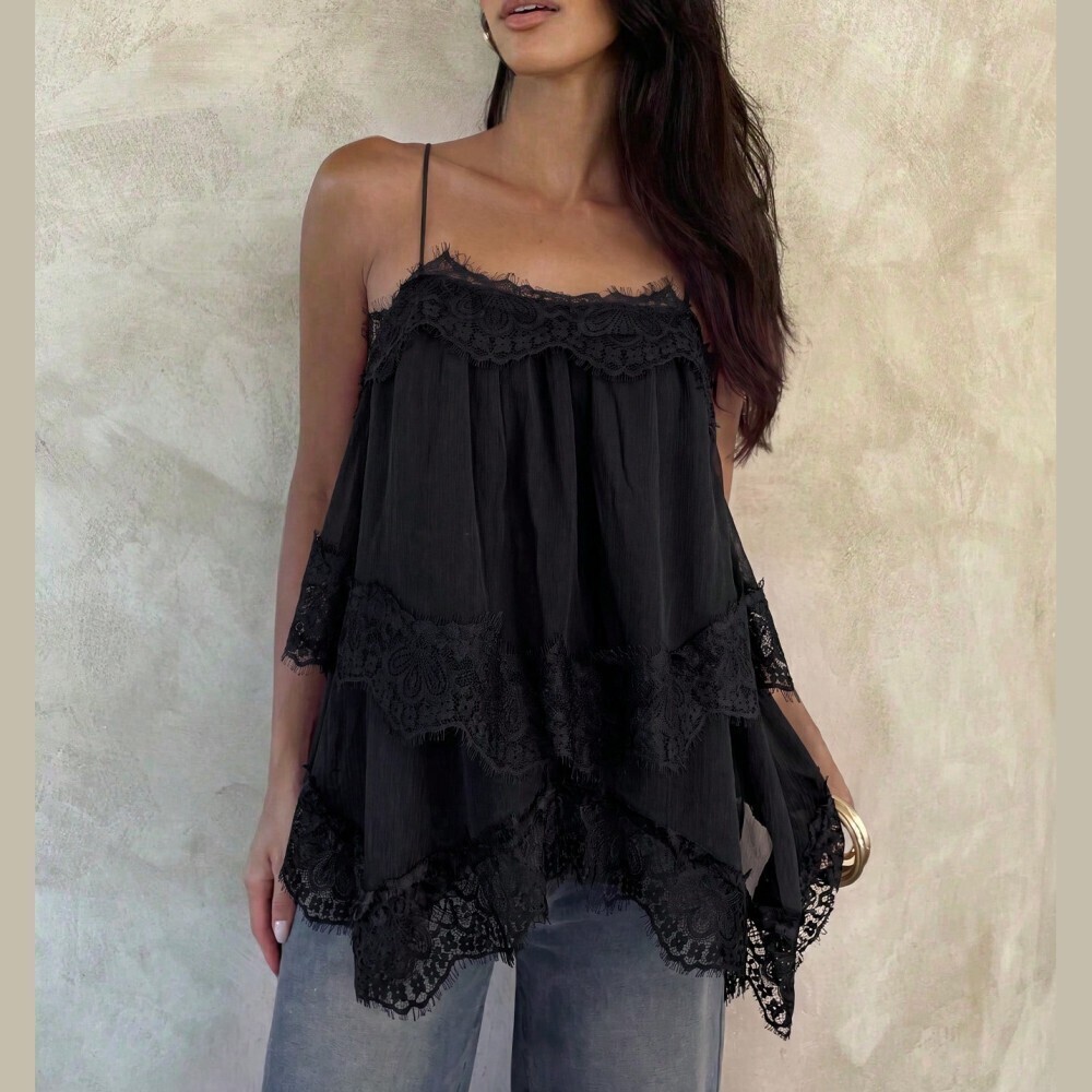Black Lace Trim Tiered Spaghetti Strap Handkerchief Hem Camisole Top